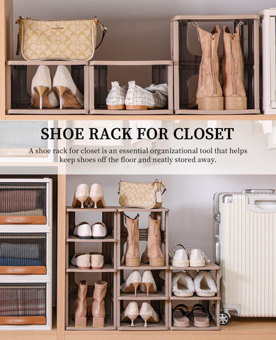 HAIXIN rack next to shoes illustrating 9.56 x 10.23 x 22.53 inch size and capacity benefit