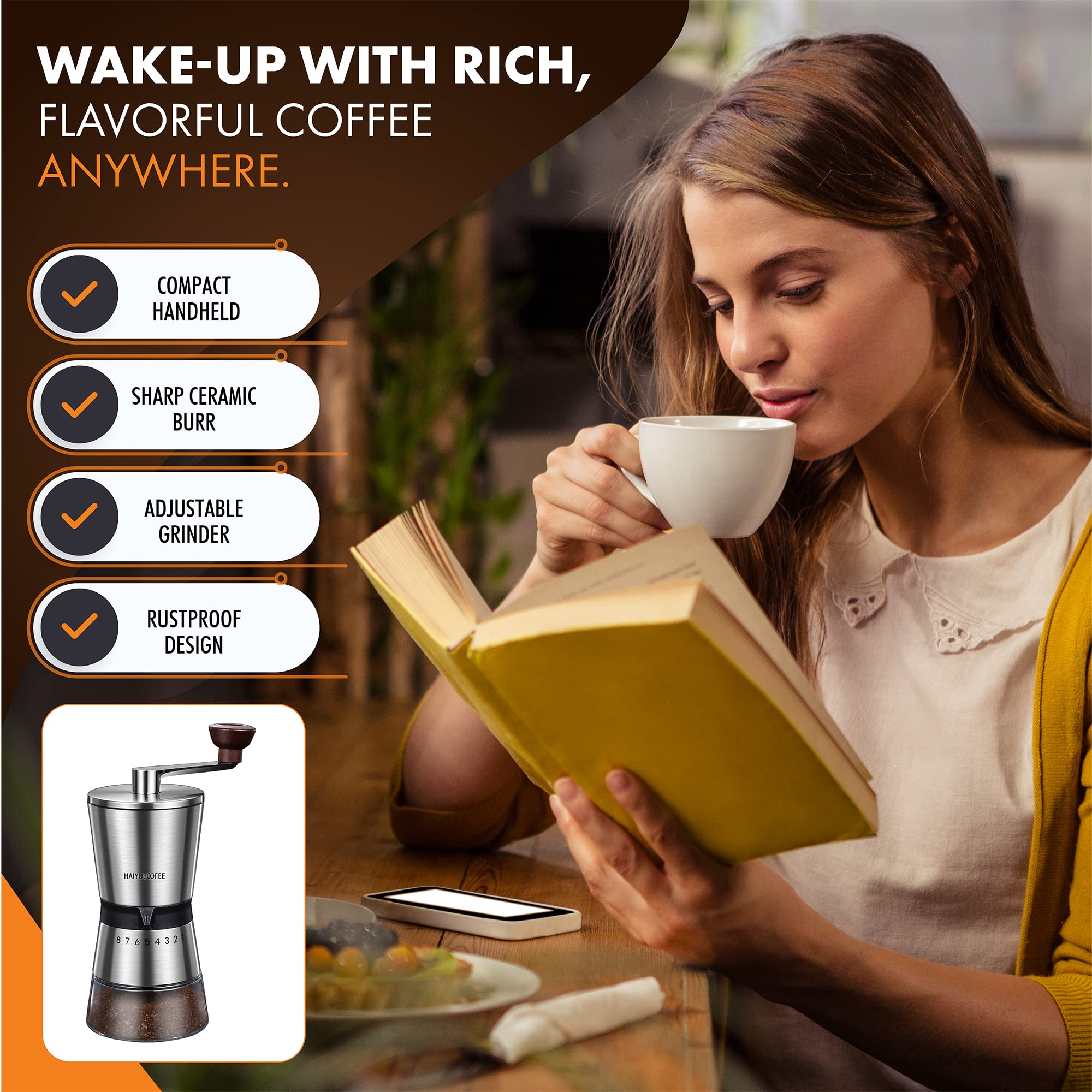 HAIYUECOFEE lifestyle breakfast setup showing fresh grounds for richer coffee flavor