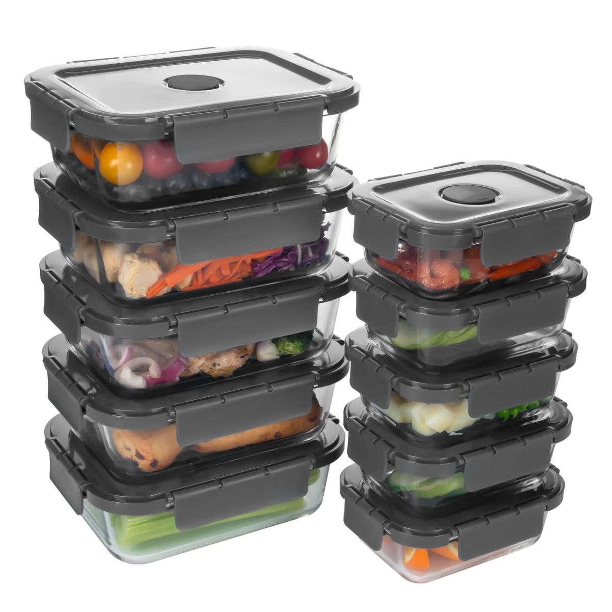 HAKEEMI front view of 10-pack glass containers showing sizes and organized storage benefit