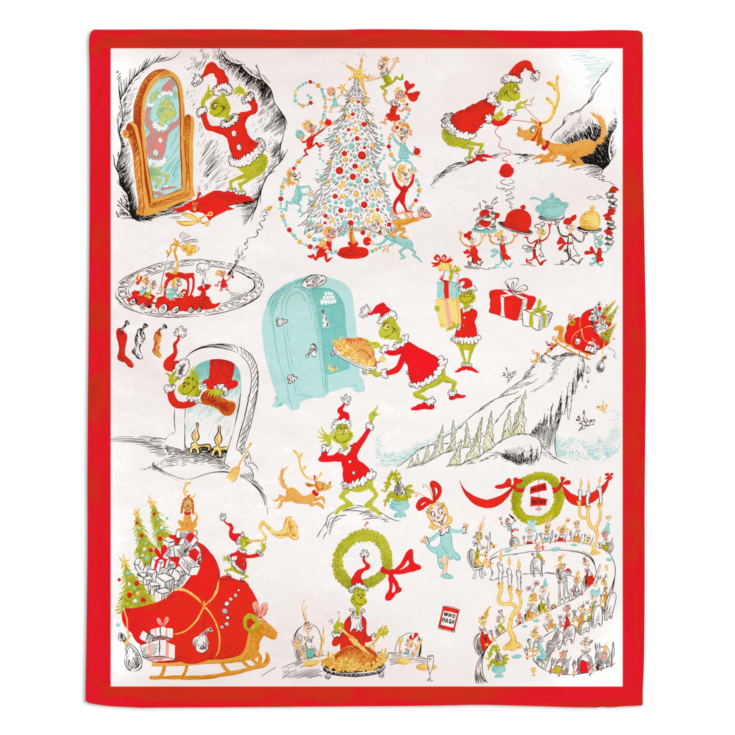 Hallmark Grinch throw front view showing full storybook print and festive benefit
