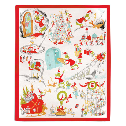 Hallmark Grinch throw front view showing full storybook print and festive benefit