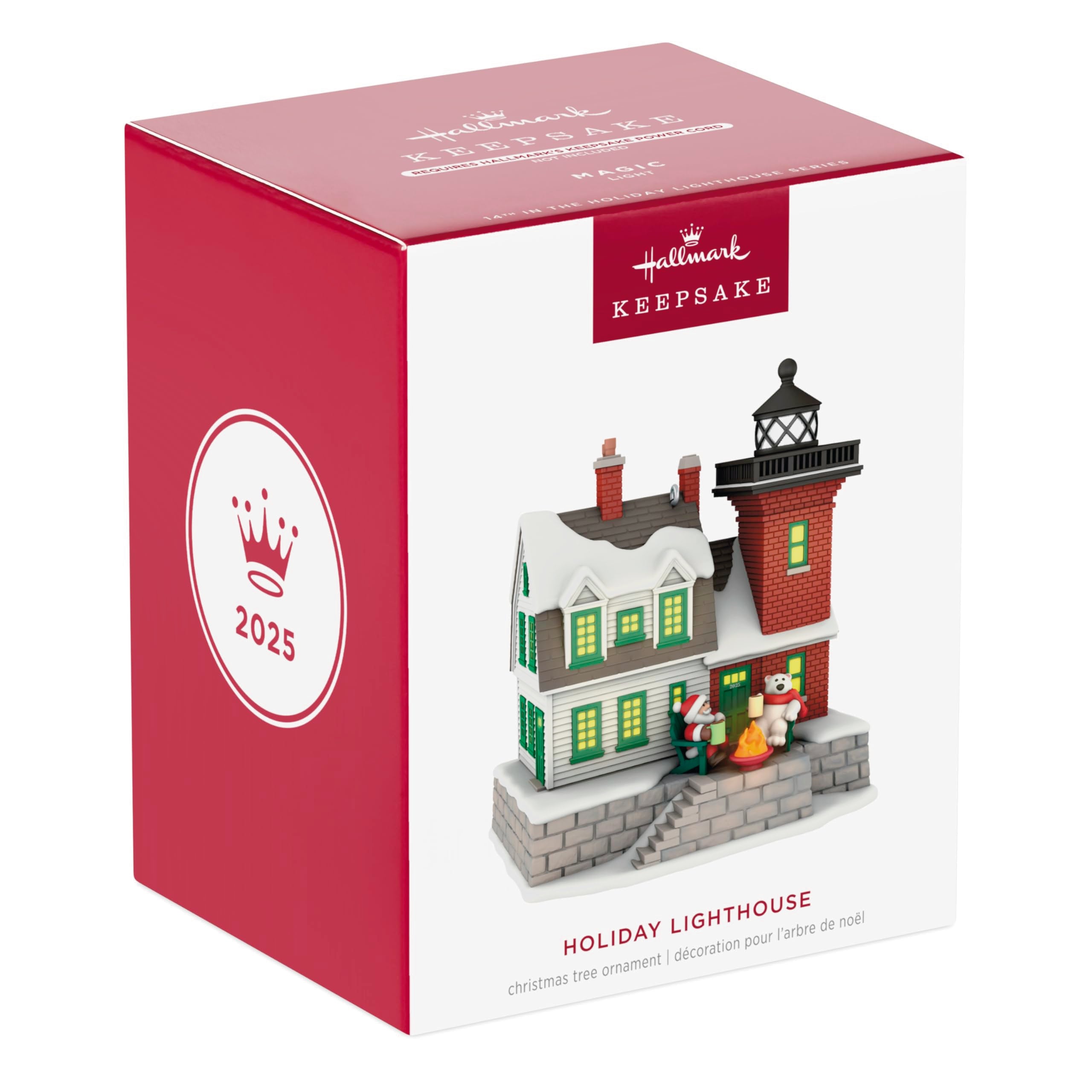 Hallmark Keepsake ornament hanging on a Christmas tree adding illuminated festive cheer
