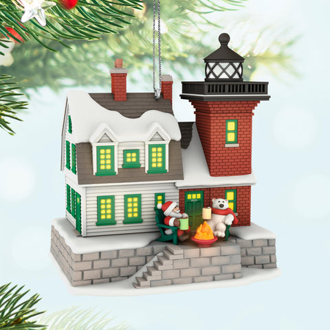 Hallmark Keepsake lighthouse beacon closeup highlighting lit tower and visual focal point