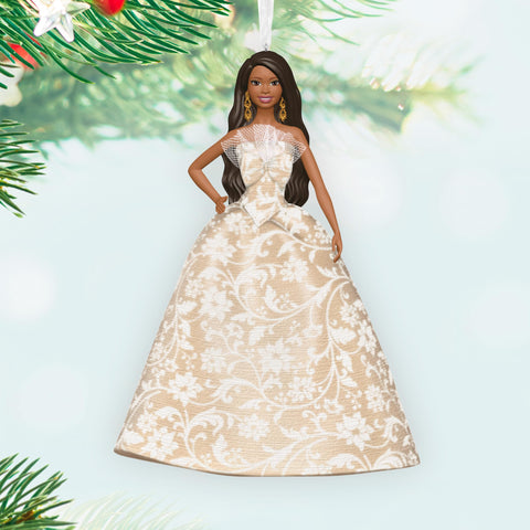 Hallmark Keepsake fabric and embellishment detail on Black Holiday Barbie dress for realism