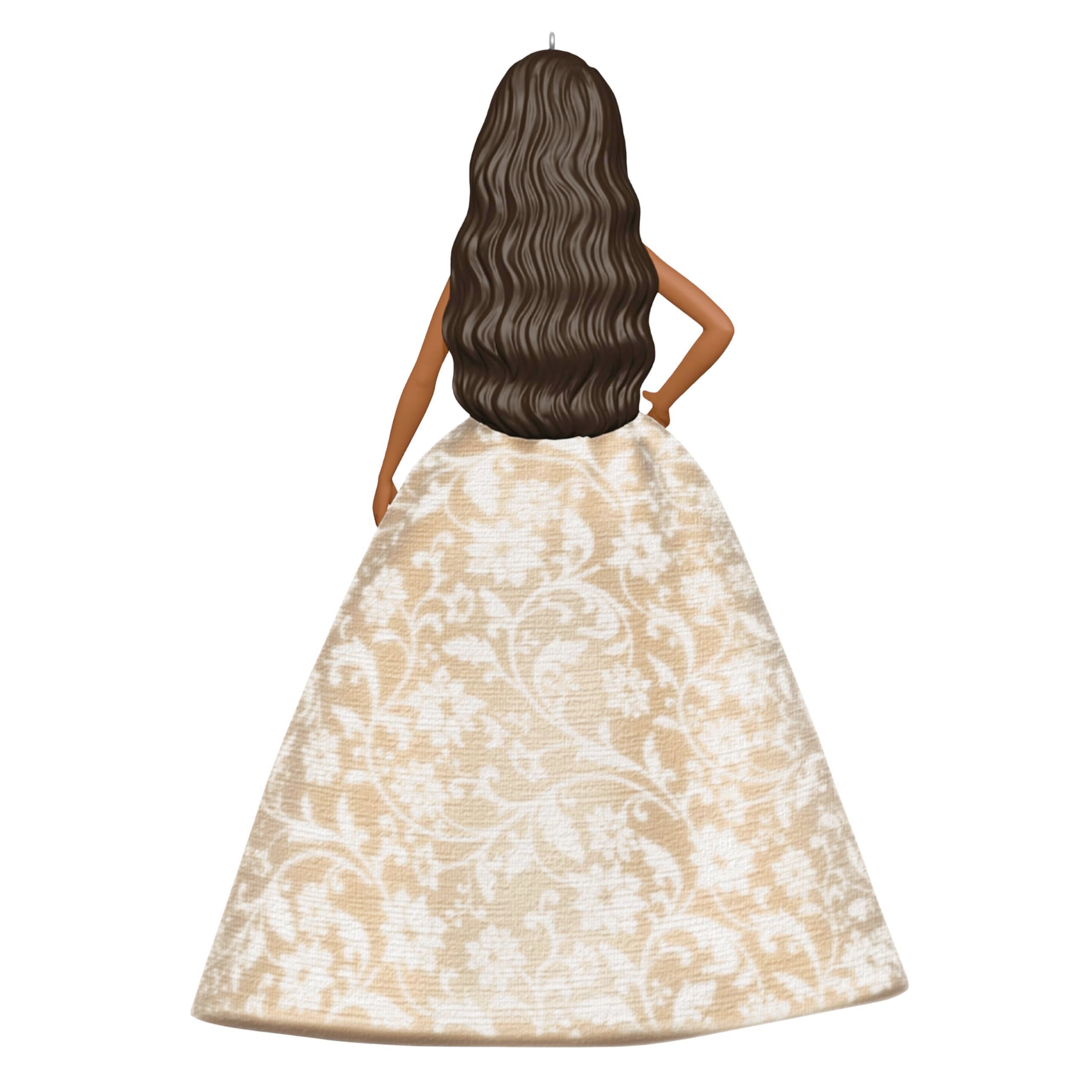Hallmark Keepsake Black Holiday Barbie hanging on tree adding glamorous holiday accent