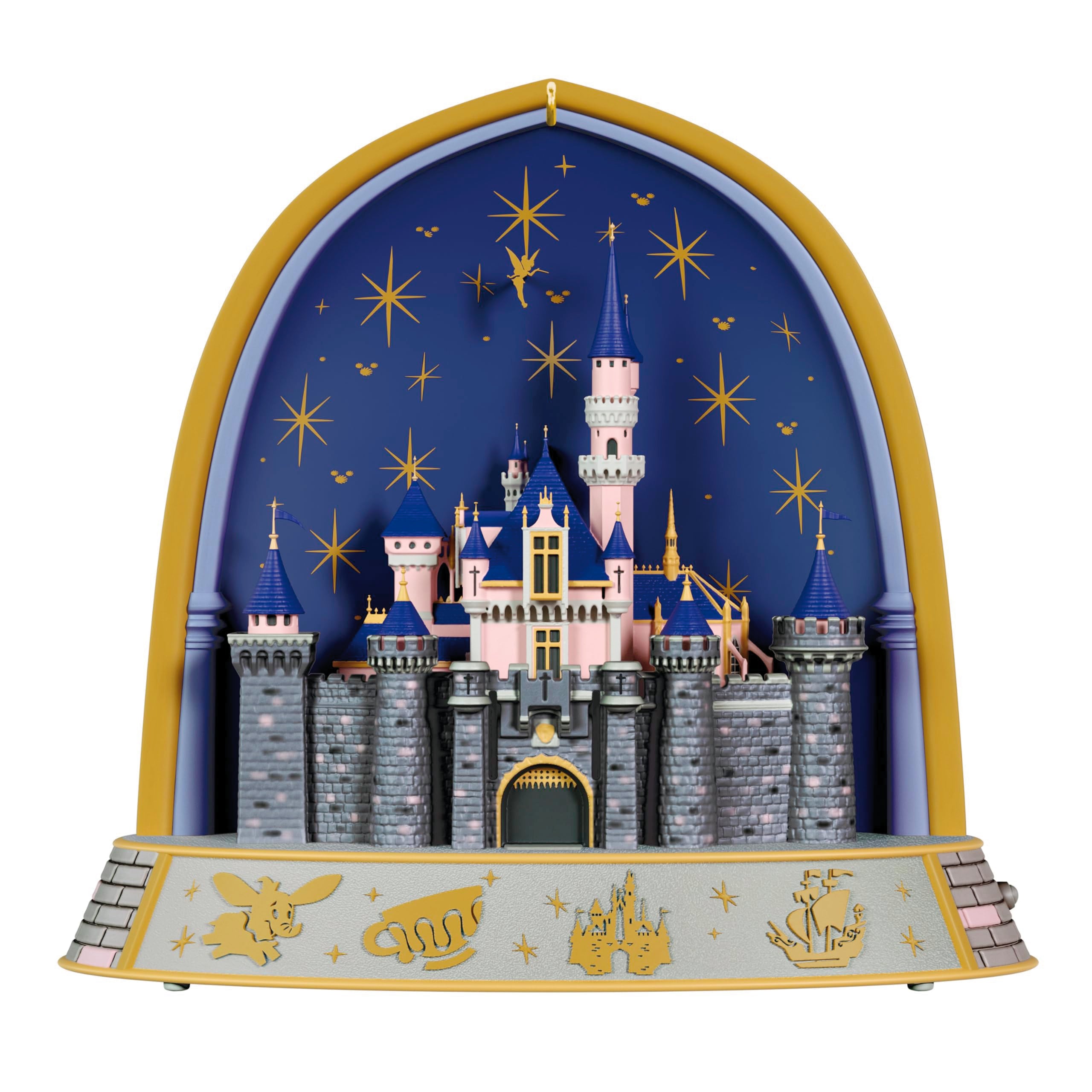 Hallmark Keepsake front view of illuminated castle ornament showing festive detail and glow