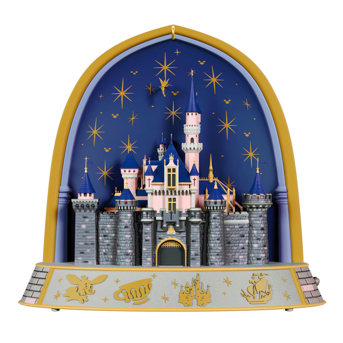 Hallmark Keepsake front view of illuminated castle ornament showing festive detail and glow