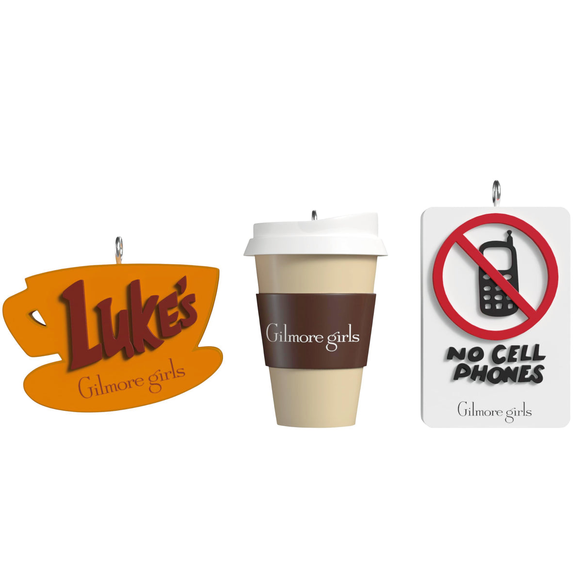 Hallmark Keepsake front packaging showing three Gilmore Girls mini ornaments, great gift presentation