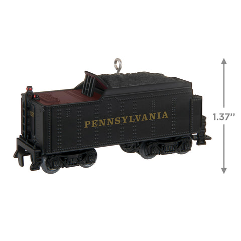 Hallmark Keepsake hanging on Christmas tree, adds nostalgic train-themed decor
