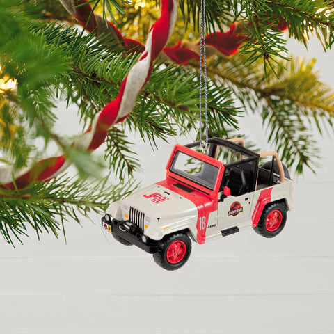 Hallmark Keepsake Jeep hung on holiday tree adding cinematic nostalgia to decor