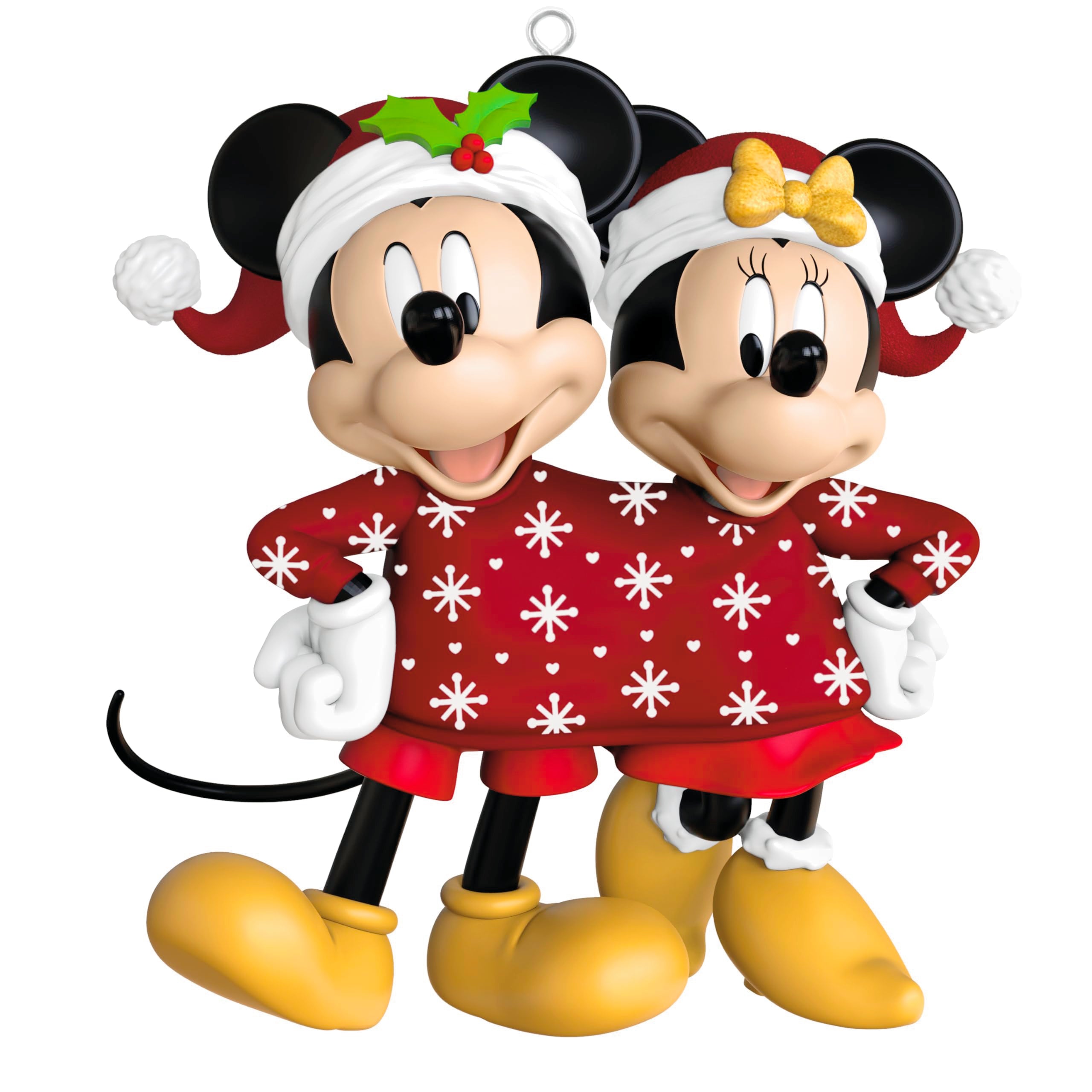 Hallmark Keepsake front view of Mickey and Minnie ornament showing cheerful pose