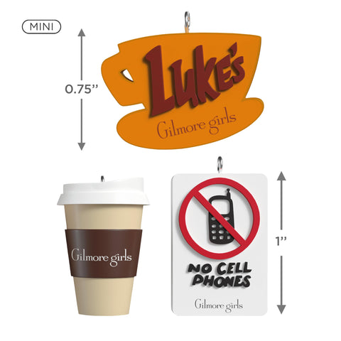 Hallmark Keepsake 'No Cell Phones' sign ornament close-up, iconic Stars Hollow touch