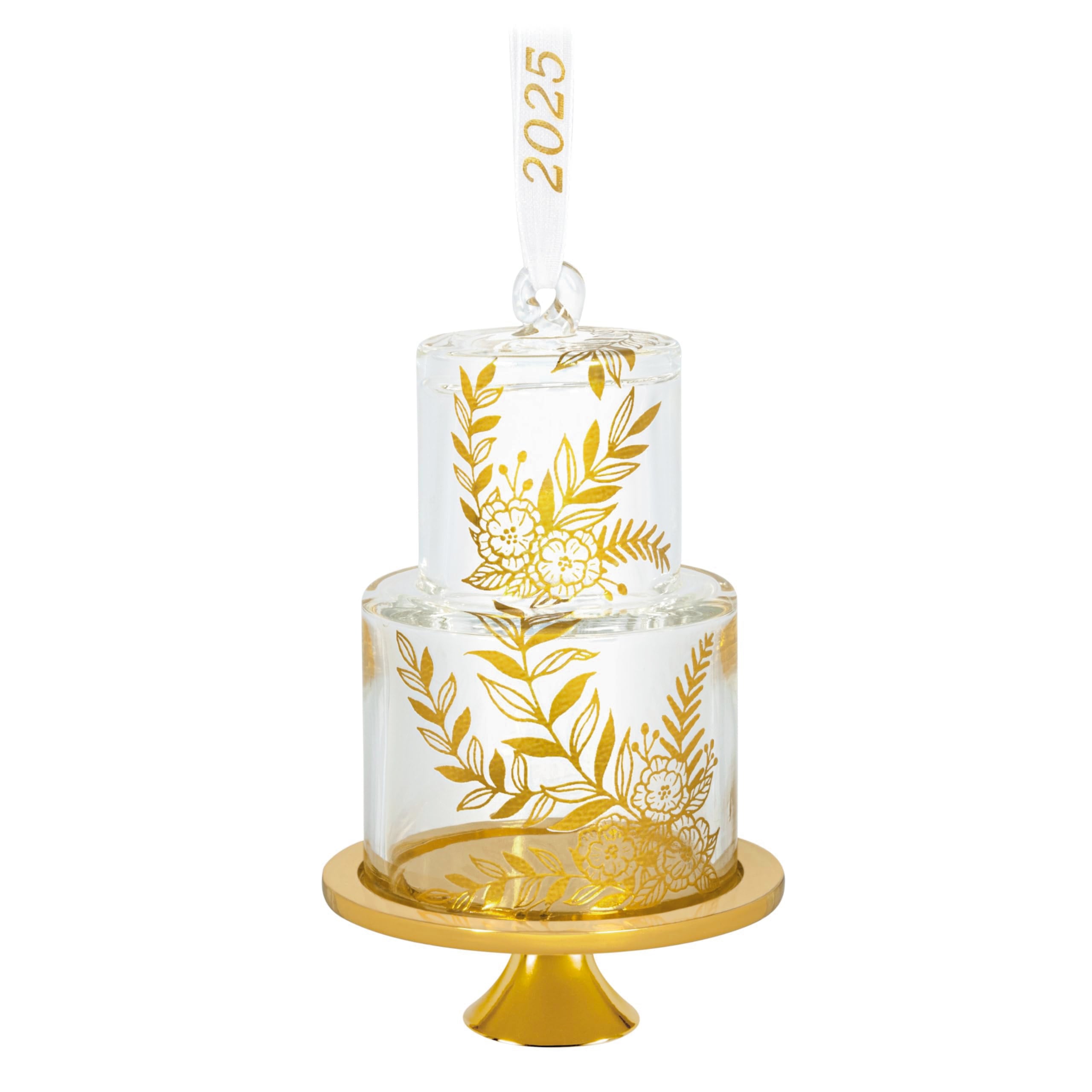 Hallmark Keepsake front view of glass wedding cake ornament showing elegant gold accents