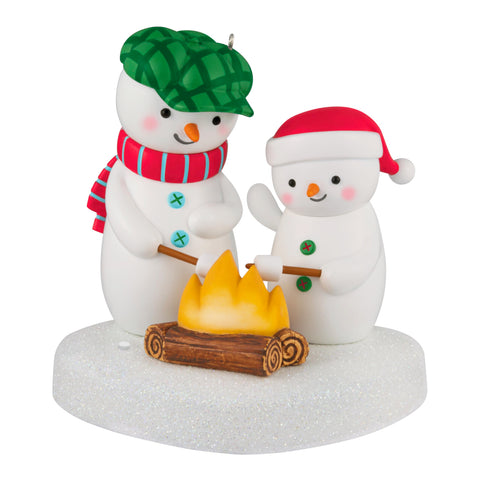 Hallmark Keepsake front view showing two snowmen ornament and festive detail benefits tree charm