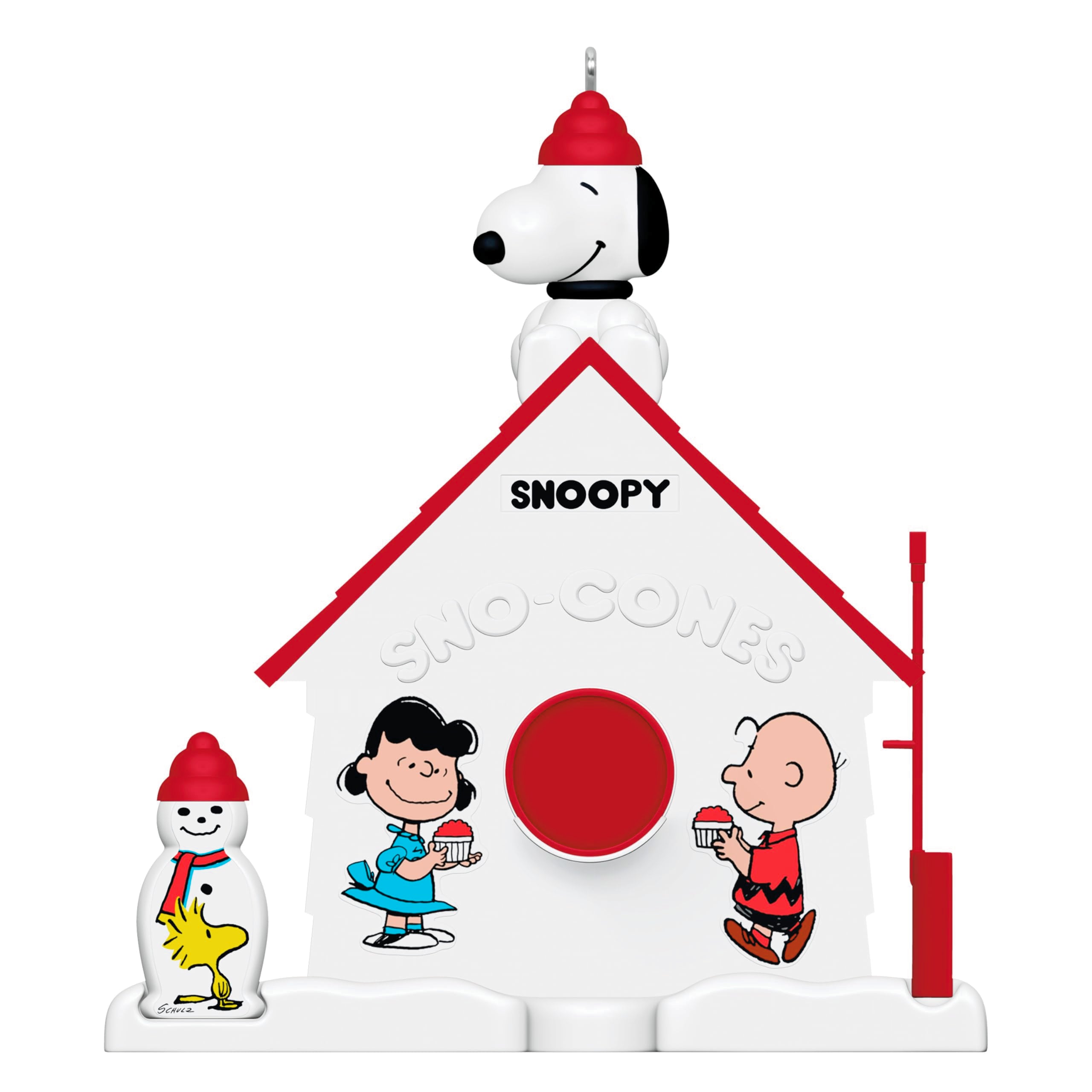 Hallmark Keepsake Snoopy front view showing colorful sno-cone scene and festive detail