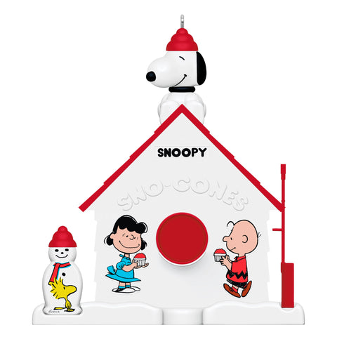 Hallmark Keepsake Snoopy front view showing colorful sno-cone scene and festive detail