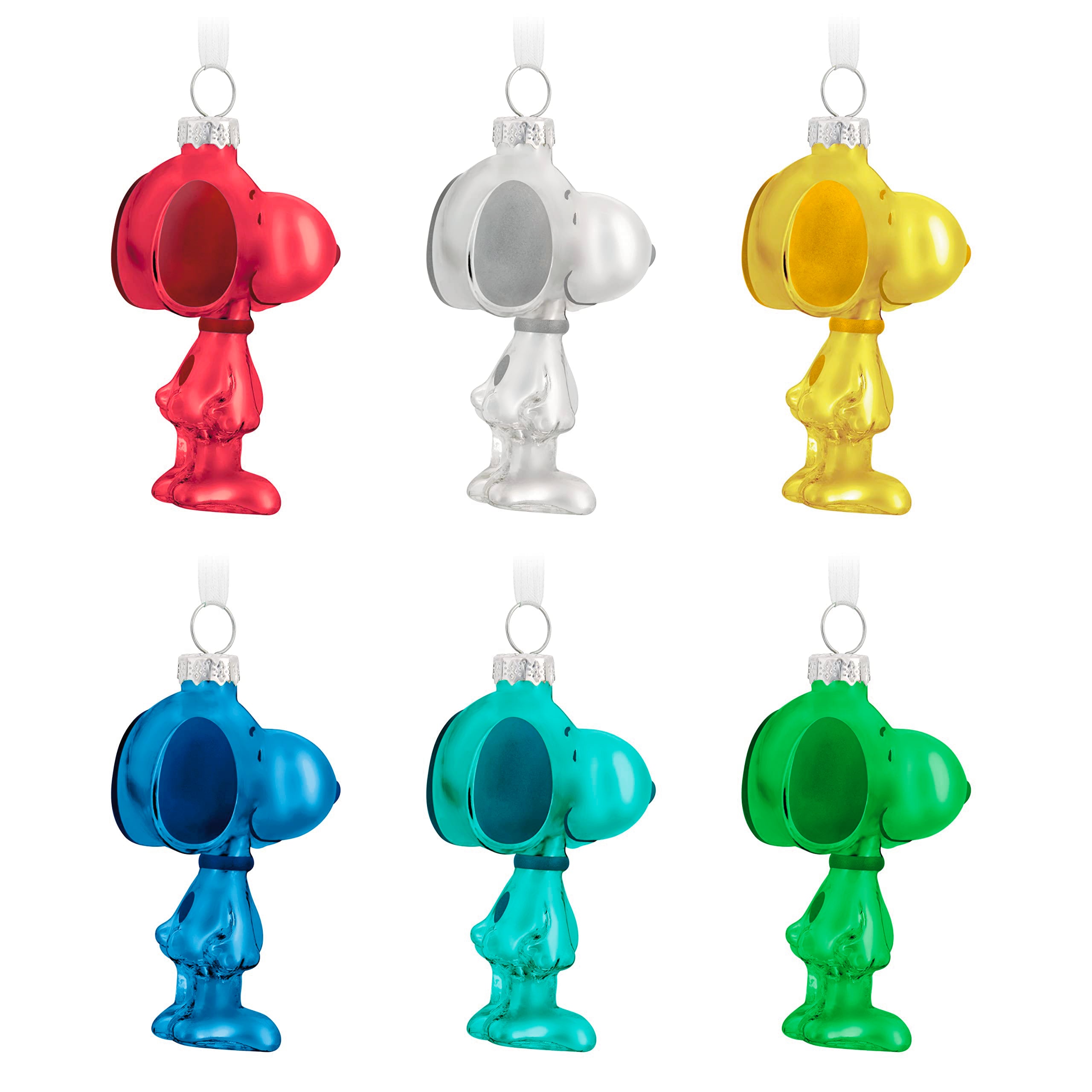Hallmark Keepsake six colored Snoopy ornaments hanging on a decorated tree for festive color