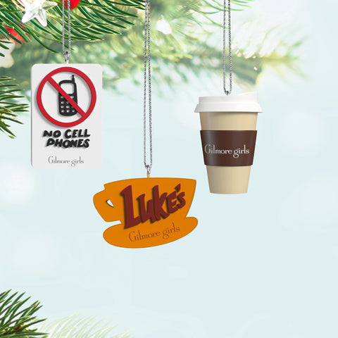 Hallmark Keepsake detailed view of travel coffee cup ornament, clear Gilmore Girls branding