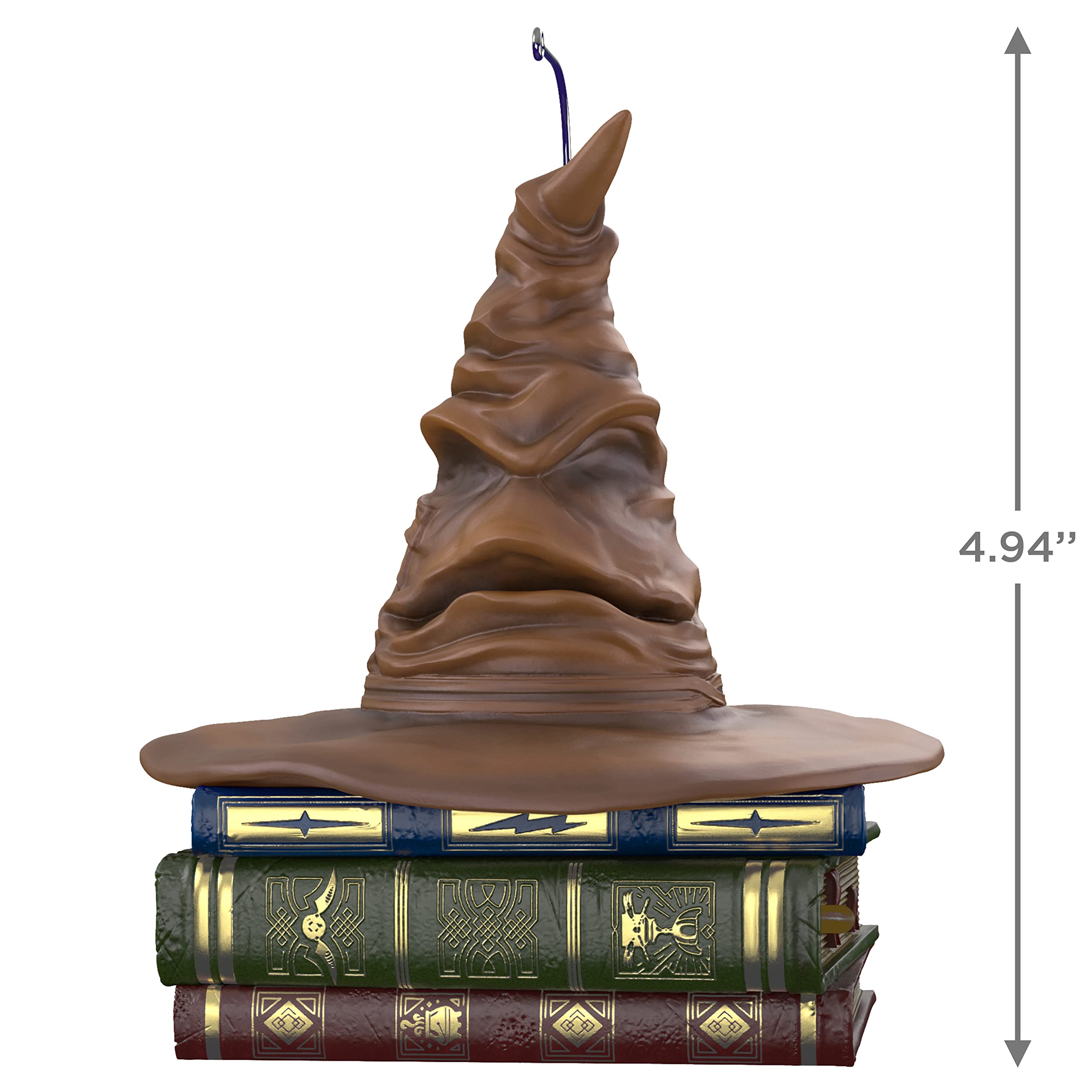 Hallmark Keepsake Sorting Hat next to ruler illustrating its 4.3 x 4.94 x 4.18 inch size for scale