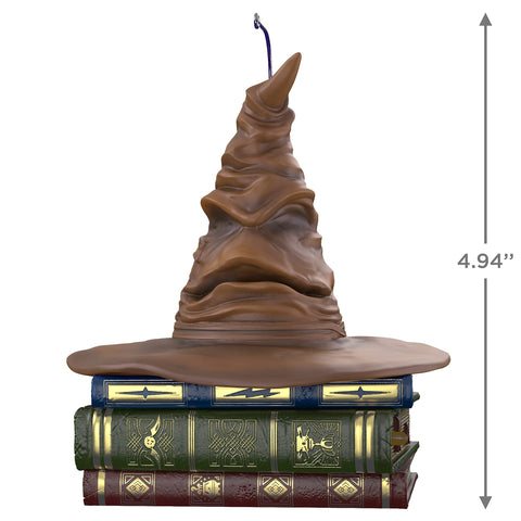 Hallmark Keepsake Sorting Hat next to ruler illustrating its 4.3 x 4.94 x 4.18 inch size for scale