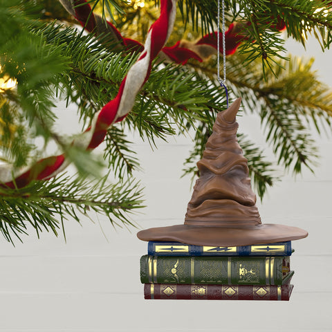 Hallmark Keepsake Sorting Hat hanging on a Christmas tree adding Wizarding World charm to holidays