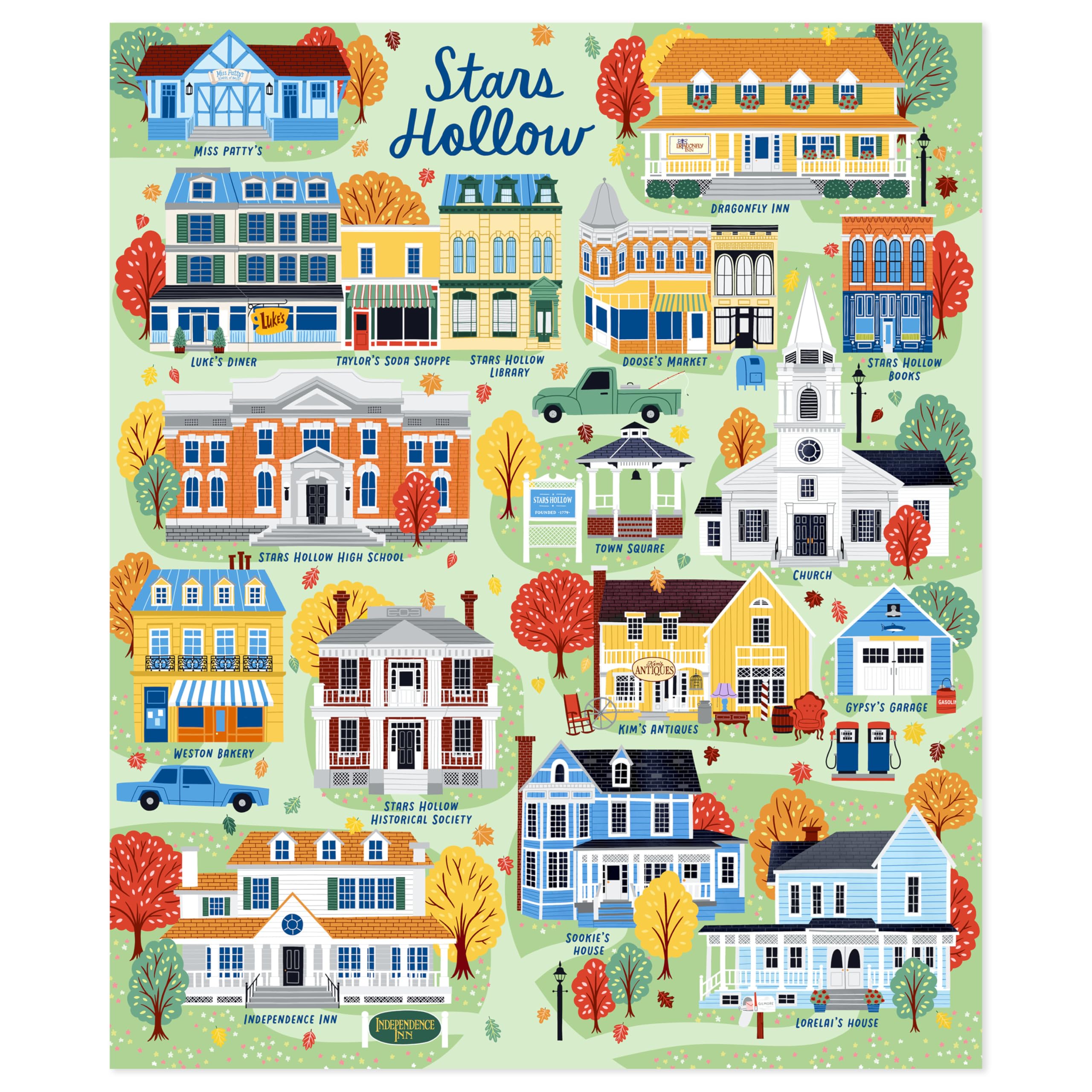 Hallmark Stars Hollow map front view showing colorful town landmarks and cozy appeal
