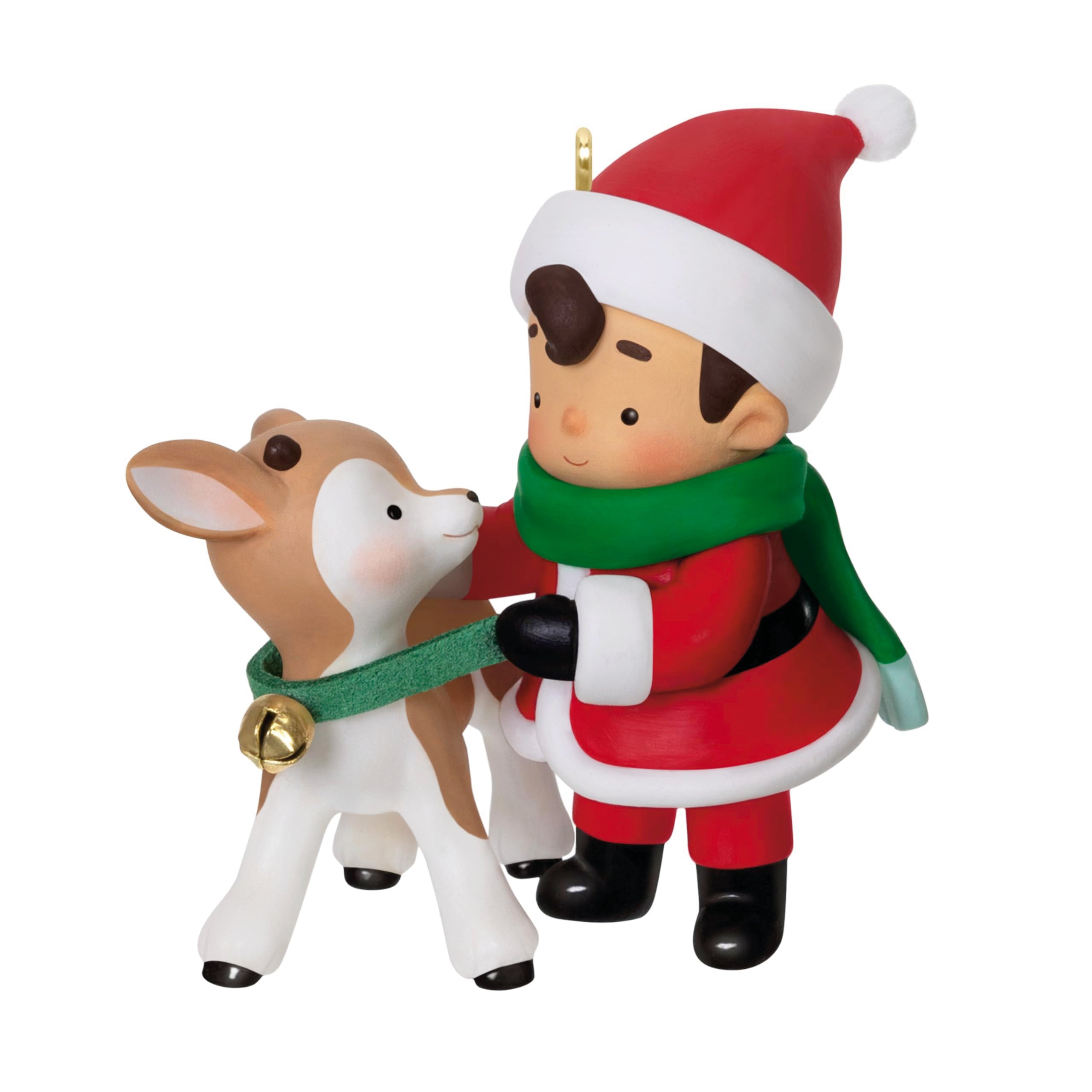 Hallmark Keepsake front view showing Young Santa ornament and reindeer, highlighting collectible appeal