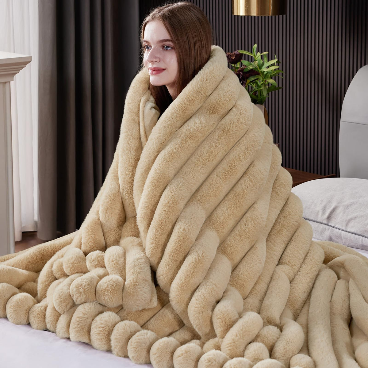 HaloRest front view of throw blanket showing wide-stripe pattern and elegant finish