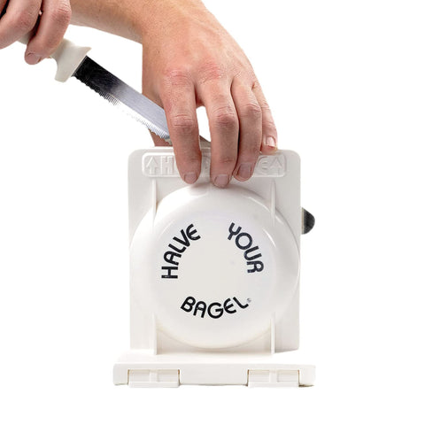 Halve Your Bagel front view showing white slicer and included knife for safe even halves
