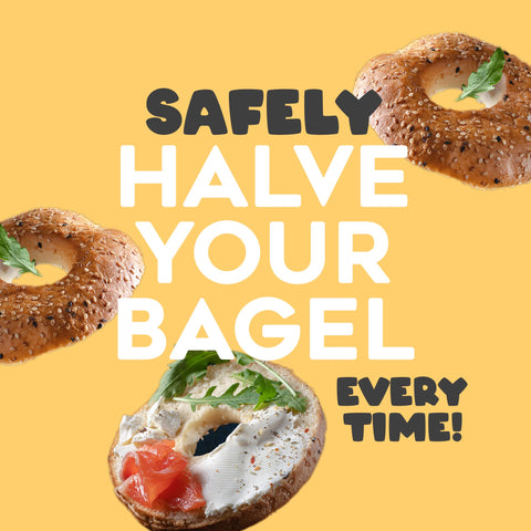 Halve Your Bagel close detail of knife resting on holder demonstrating precise fit