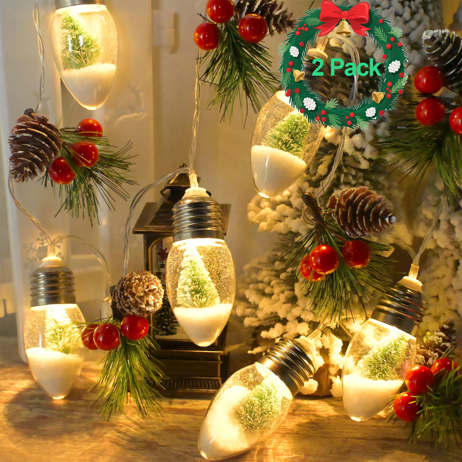 HamiFinee front view of two garlands showing vintage snow globe bulbs and warm glow