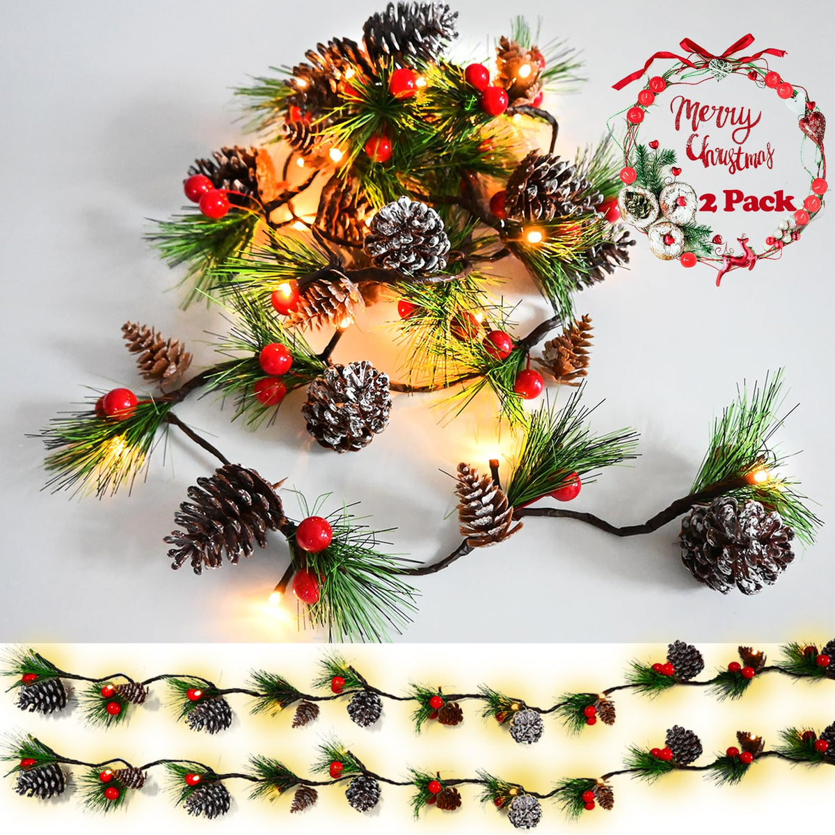 HamiFinee front view of two prelit garlands showing full length and berries for festive layering