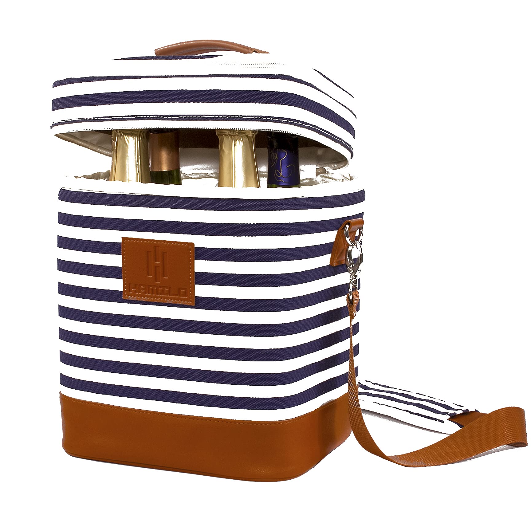HAMILO front view striped tote showing secure zipper and carry handles