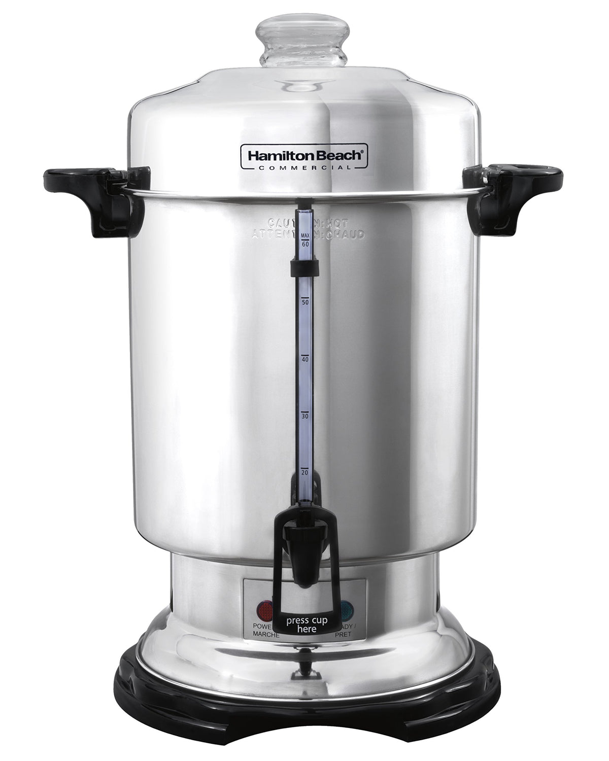 Hamilton Beach urn front view showing polished stainless steel finish and capacity benefit