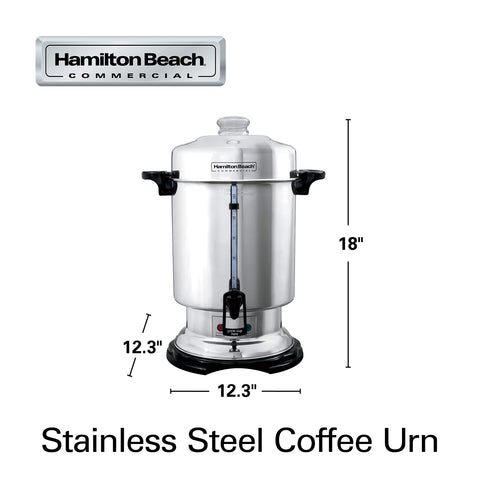Hamilton Beach next to stacked cups illustrating 60-cup capacity and serving scale