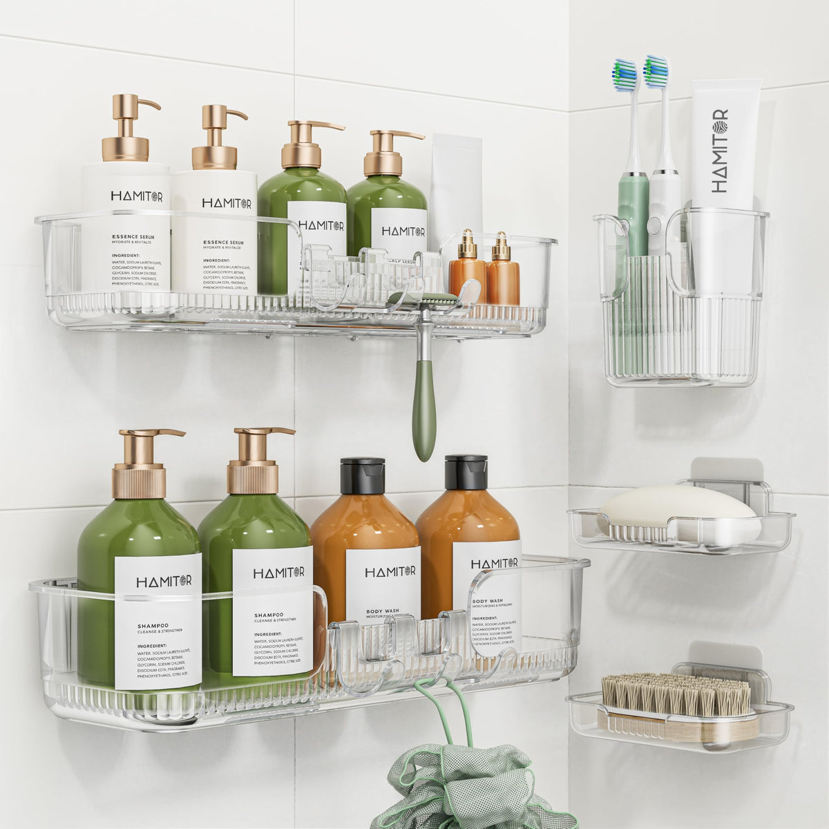 HAMITOR clear shower caddy front view showing organized storage benefit