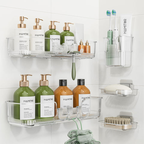 HAMITOR clear shower caddy front view showing organized storage benefit