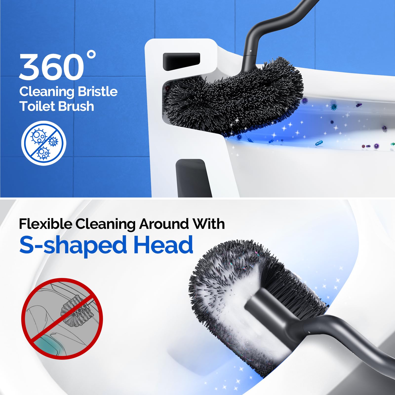 HAMITOR close-up S-shaped bristle head reaching rim for deeper cleaning benefit