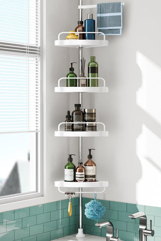 HAMITOR front view corner shower caddy showing 4-tier storage benefit