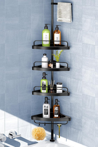 HAMITOR corner shower caddy front view showing four shelves and towel bar, maximizing shower storage