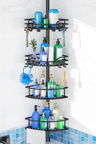 HAMITOR full view of corner shower caddy showing vertical storage and neat organization