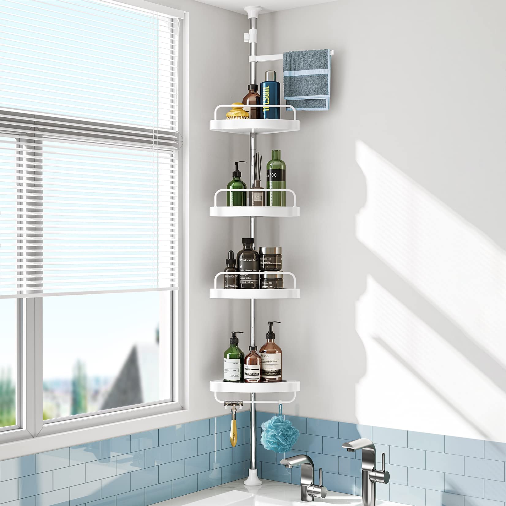 HAMITOR front view corner shower caddy showing tidy shampoo storage and space-saving benefit