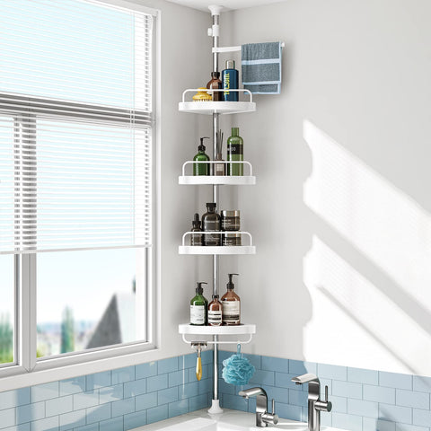 HAMITOR front view corner shower caddy showing tidy shampoo storage and space-saving benefit