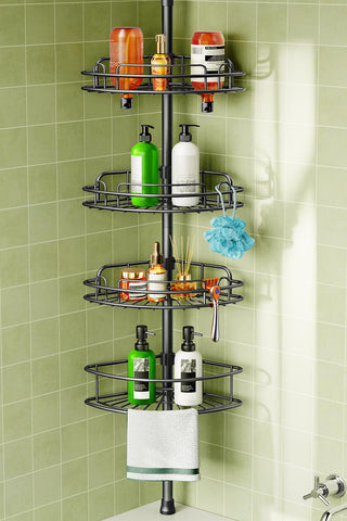 HAMITOR front view of corner shower shelves showing space-saving organizer benefit