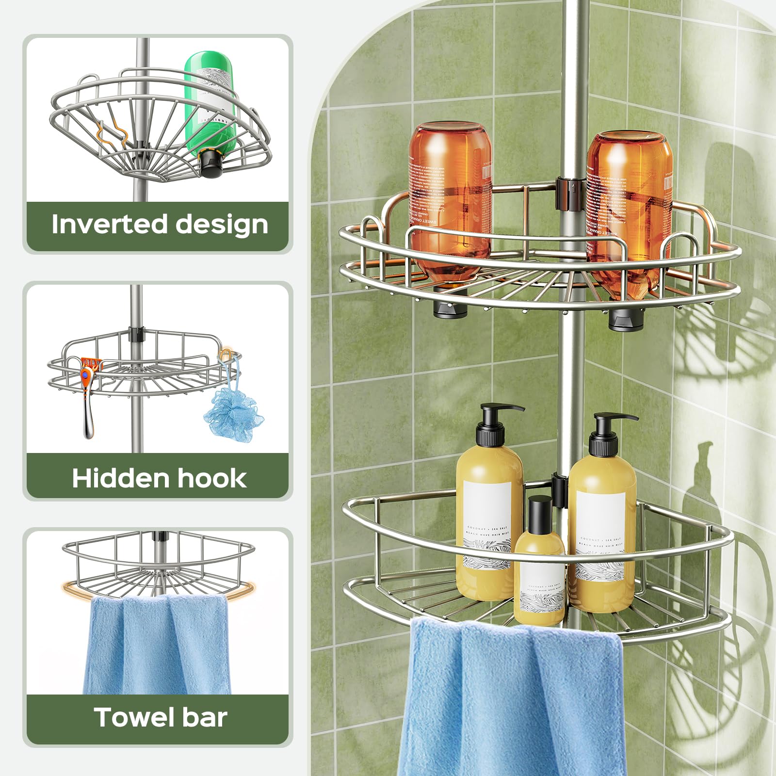 HAMITOR hidden hooks holding razor and loofah for easy access
