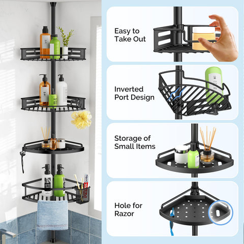 HAMITOR caddy with shampoo bottles showing size capacity and easy reach