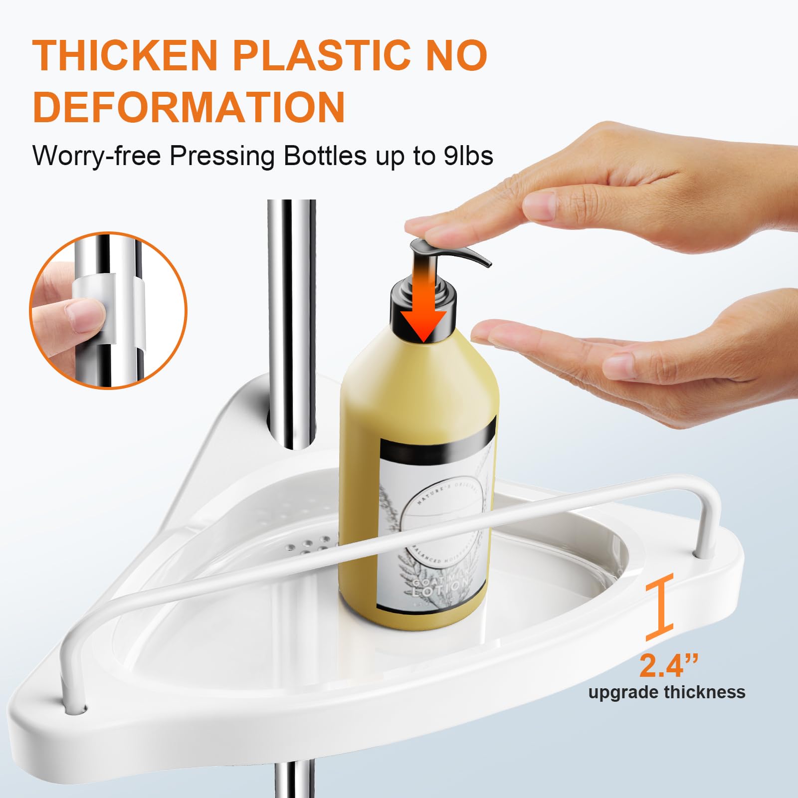 HAMITOR caddy in shower filled with bottles demonstrating organized storage