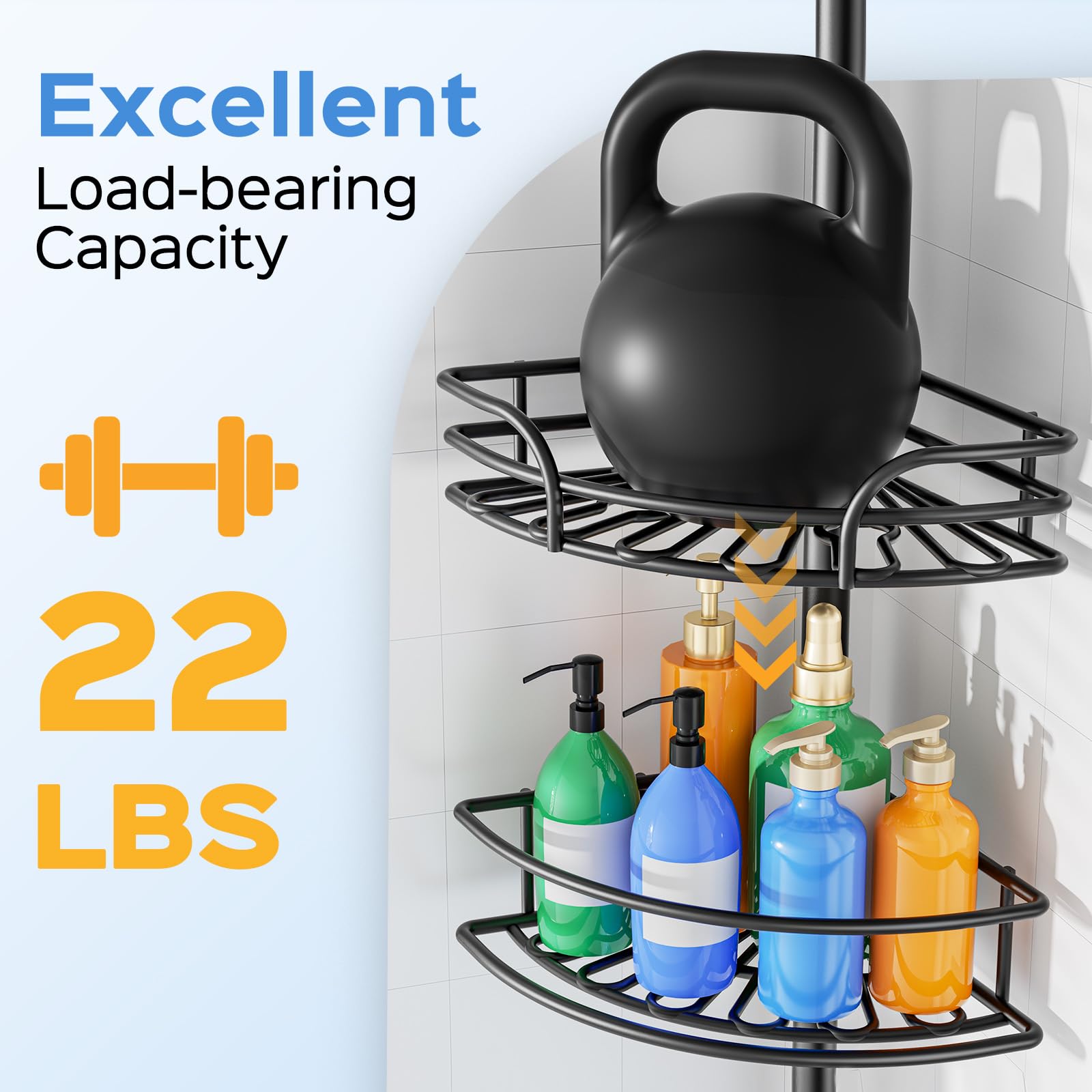 HAMITOR shower caddy in use with bottles demonstrating easy access and organization