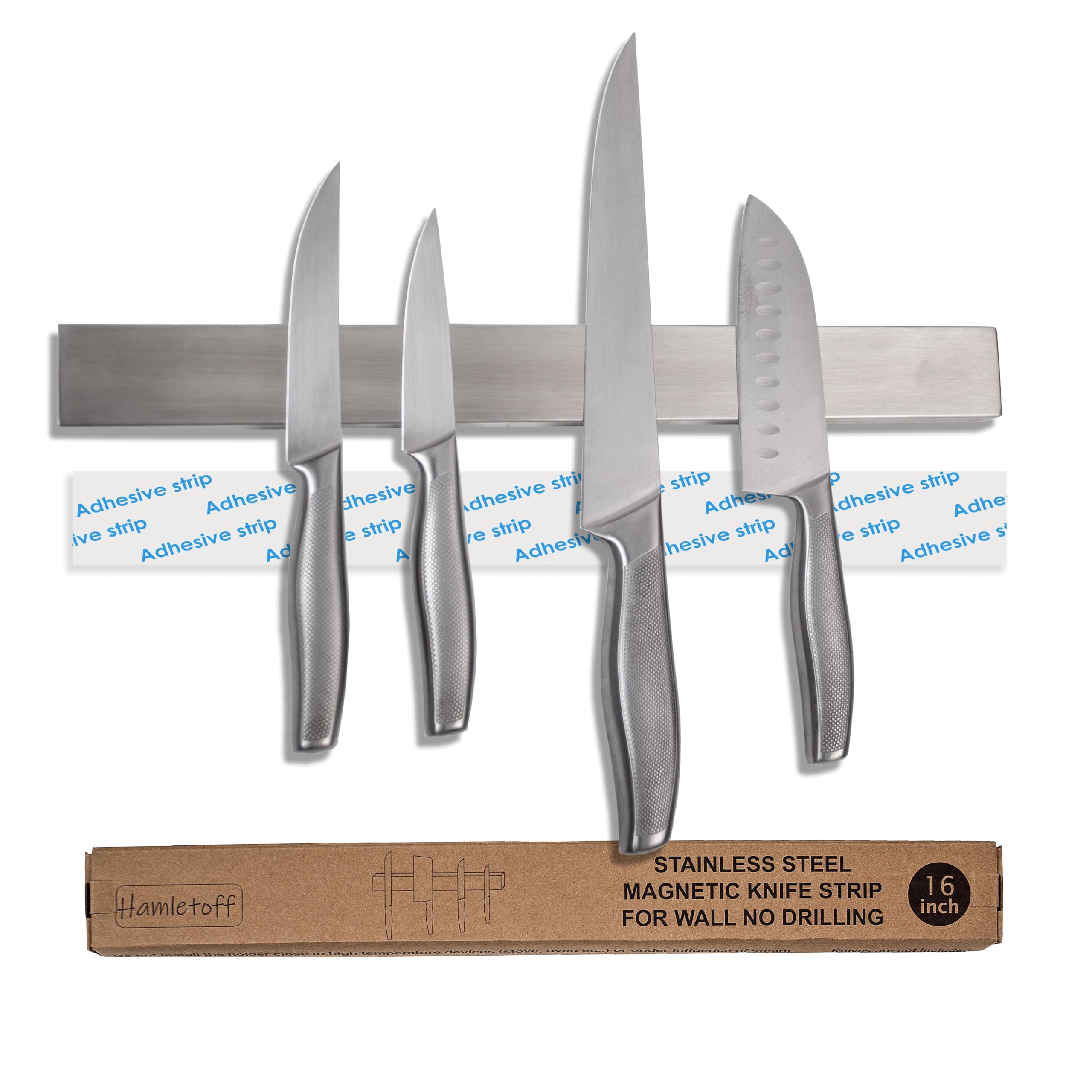 Hamletoff front view showing stainless magnetic holder and organized knives for neat storage