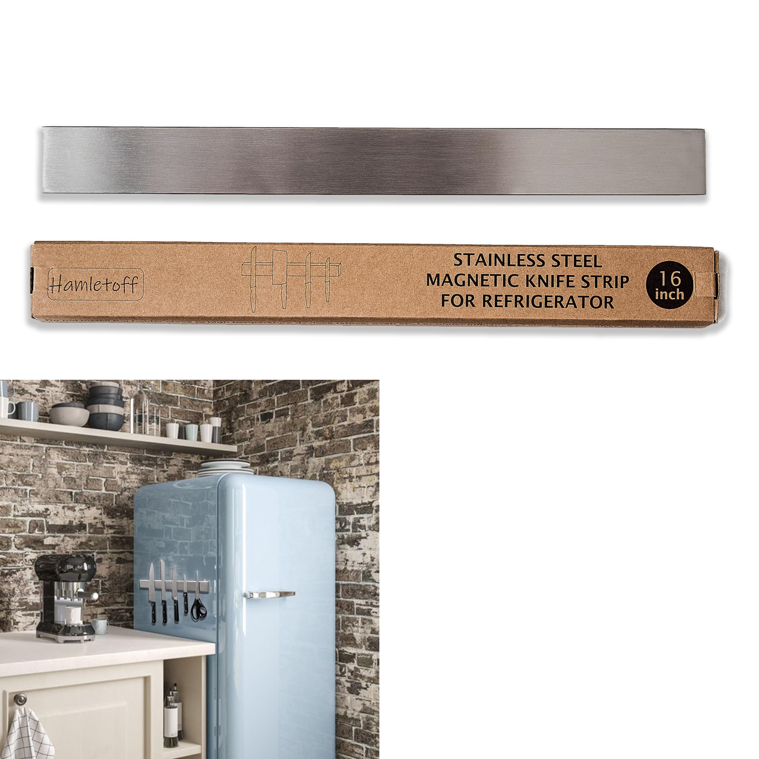 Hamletoff front stainless strip mounted on fridge showing neat storage and quick access
